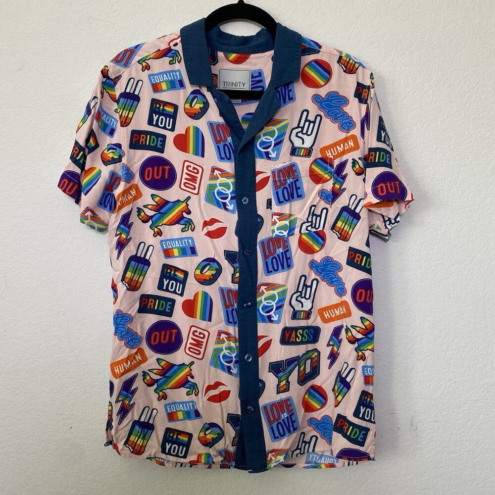 Trinity Collective Shirt Mens Medium Pink Button Up Camp Pride Equality Love LGB